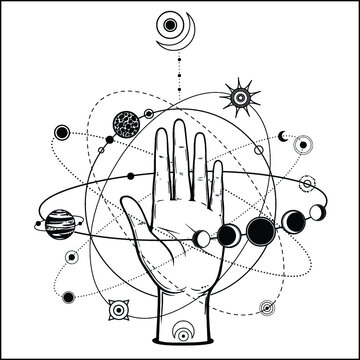 Mystical drawing: human hand holds the universe. Planets and stars rotate in orbits around the palms. Monochrome vector illustration isolated on white background. Print, poster, T-shirt, postcard.