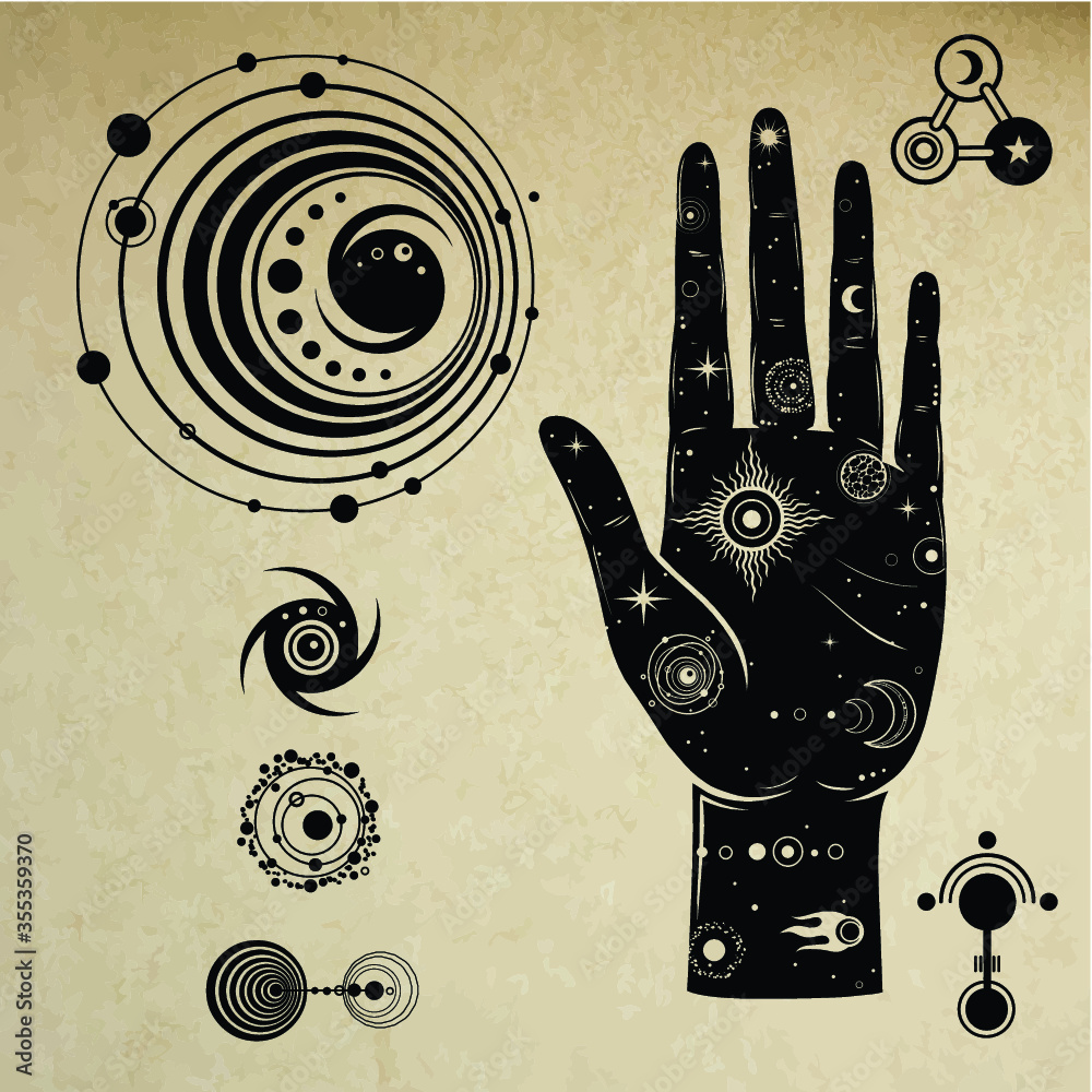 Wall mural Mystical drawing: In the human hand is the universe. Set cosmic symbols: sun, moon, asteroid, black hole. Science, alchemy, esoteric. Background - imitation of old paper. Vector Illustration. 