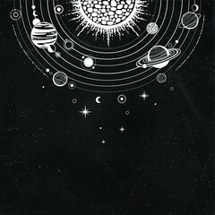 Cosmic drawing: stylized Solar system, orbits, planets, space structure. Place for the text.  Background - black star sky. Vector illustration. Print, poster, T-shirt, card. © roomyana