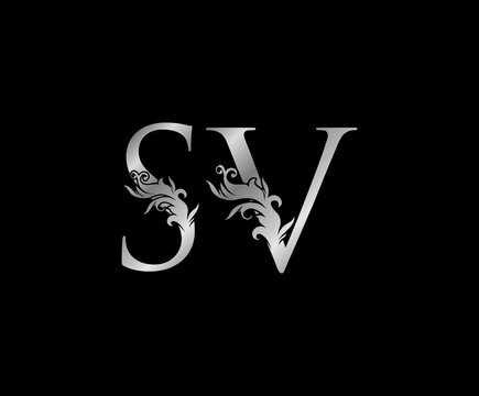 Classy Silver letter S, V and SV Vintage decorative ornament letter stamp, wedding logo, classy letter logo icon.
