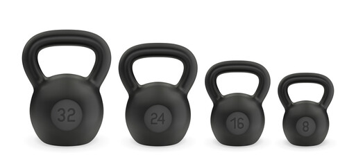 Realistic black different weights kettlebell set. Vector illustration for sport design.