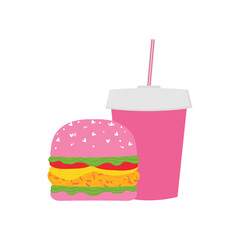 Cute pink cartoon style cheeseburger and soft drink in plastic cup, fast food delievery illustration.
