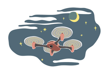postal drone at night, modern air digital machine for delivering & surveillance, vector illustration with black contour lines isolated on a white background in a flat design & hand drawn style