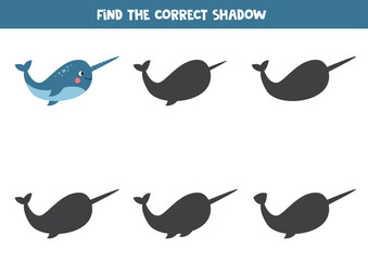 Find the correct shadow of cartoon narwhal. © Milya Shaykh