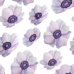 Watercolor seamless pattern of purple violet lavender anemone buttercup flowers. Spring floral soft neutral nature design for textile wallpaper wedding invitation. Seasonal vintage romantic decoration