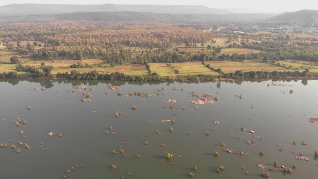 Aerial drone view of Ken river with landscape, Madhya Pradesh, India