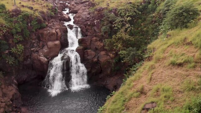 Aerial drone view of Kondwal Waterfall, Maharashtra, India