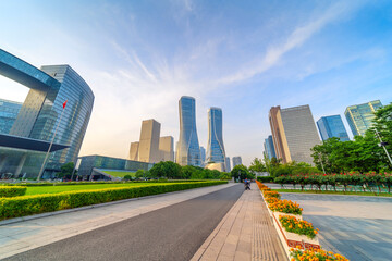 Highway and city skyline, Hangzhou, China cityscape.