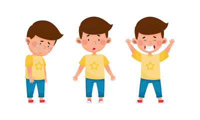 Little Boy Crying and Standing with Puzzled Expression on His Face Vector Set