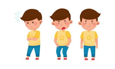 Little Boy Standing with Angry and Exhausted Face Expression Vector Set