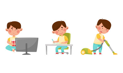 Cute Boy Character Watching Cartoon Film, Doing His Homework and Vacuum Cleaning Vector Illustrations Set
