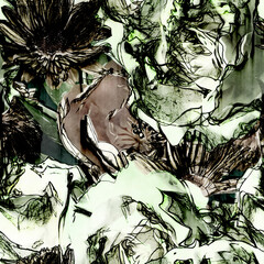 art monochrome vintage watercolor and graphic floral seamless pattern with pink and white roses and asters on green background