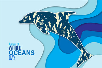 World oceans day banner with paper-cut dolphin on it, A day dedicated to the protection and preservation of the oceans..
