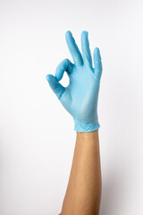 blue gloves for germs of medical personnel and the general public, raising their hands, raising their arms, joining forces