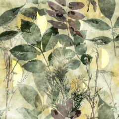 art vintage watercolor floral seamless pattern with monochrome green leaves and grasses on old gold background
