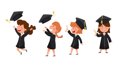 Girls Characters Wearing Academic Dresses or Gown and Square Academic Cap Cheering About Graduation Ceremony Vector Illustrations Set