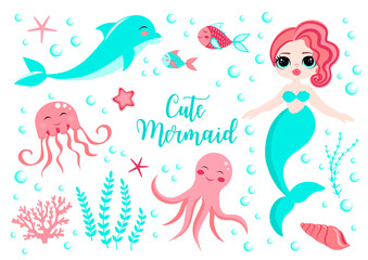 Obraz na płótnie Canvas Cute set little mermaid princess and dolphin, octopus, fish, jellyfish, coral. underwater world collection