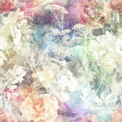 art vintage blurred colorful light watercolor and graphic floral seamless pattern with peonies, gerbera, grasses and leaves on white background. Double Exposure and Bokeh effect