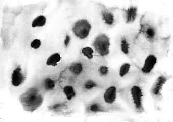 Black watercolor stains on a horizontal paper sheet imitating an animal spotted cheetah. Rastery hand-painted watercolor illustration of an animal print.