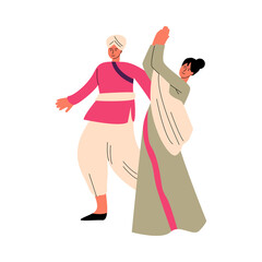 Indian man and woman in traditional clothing dancing during religious holiday
