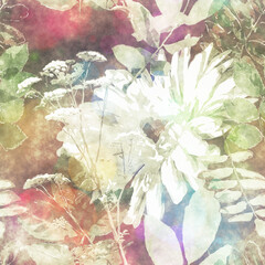 art vintage blurred colorful watercolor and graphic floral seamless pattern with peonies, gerbera, grasses and leaves on white background. Double Exposure and Bokeh effect