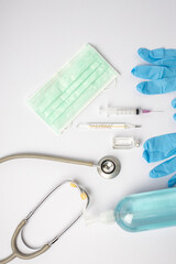 Fototapeta premium Medical protective equipment, gloves, syringes, slings, masks, stethoscopes