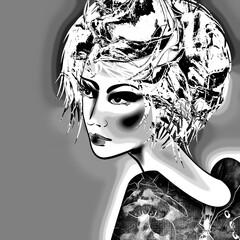 art monochrome sketch illustration with face of beautiful girl in profile with floral curly hair on dark grey background