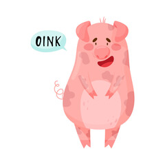 Pink Pig with Open Mouth Making Oink Sound Isolated on White Background Vector Illustration