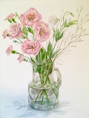 Watercolor painting of vase with bouquet of Turkish bellflowers