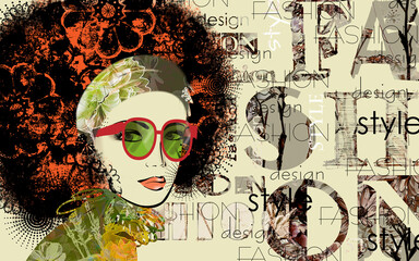 art colorful sketched beautiful girl face with glasses in mixed media style with red floral curly hair on sepia background with word fashion, style, model, design
