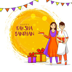 Cartoon Character of Young Boy and Girl Celebrating Raksha Bandhan with Worship Plate, Gift Boxes Illustration on Yellow Brush Stroke Background.