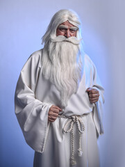 A grey-haired, severe sorcerer in a white cassock is doing sorcery and magic against a light...