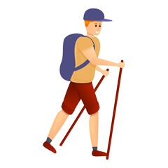 Hiking boy icon. Cartoon of hiking boy vector icon for web design isolated on white background