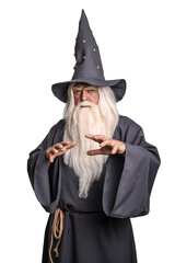 A stern grey-haired bearded wizard in a gray cassock and a cap is practicing sorcery, doing magic against a white insulating background.