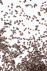 Small group of chia seeds isolated on white background. Closeup. Top view. Chia super food.