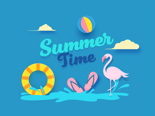 Paper Cut Summer Time Text with Heron Bird, Swimming Ring, Beach Ball and Slippers on Blue Background.
