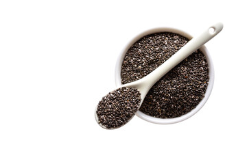 Chia seeds ( Salvia hispanica ) in white ceramic bowl and spoon isolated on white background. Healthy food or superfood and supplement concept. Flat lay.