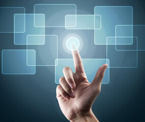 hand pushing a button on a touch screen dialog box interface