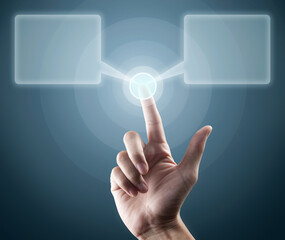 hand pushing a button on a touch screen dialog box interface