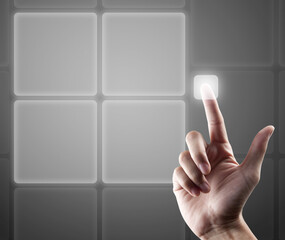 hand pushing a button on a touch screen dialog box interface