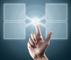 hand pushing a button on a touch screen dialog box interface