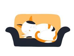 Cute sleeping cartoon cat on sofa,  Isolated on white background. Lovely cat animal concept 