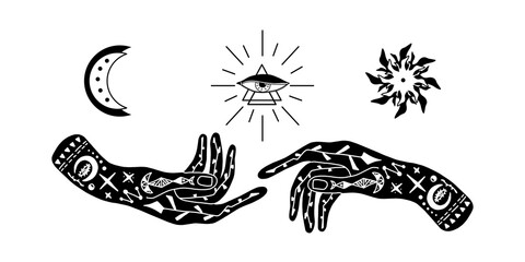 Vector illustration of hand with tattoos, alchemy symbol with a triangle and an eye with rays. abstract graphics with occult and mystical signs. Hand-drawn style. spiritual intention. concept of magic