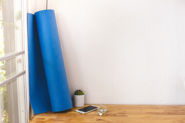 Blue yoga mat, equipment for exercise