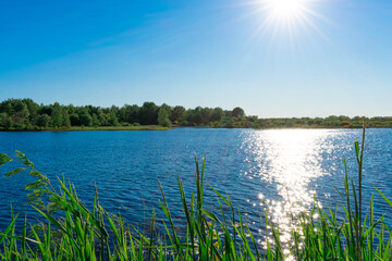 summer landscape with river and blue sky