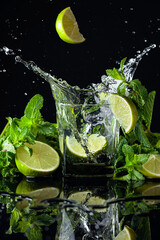 Cocktail with limes and mint on a black reflective background.