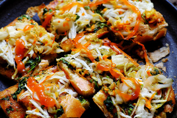 Delicious vegan food ready to eat for breakfast, toasted bread, Vietnamese vegetarian bread with vegetables