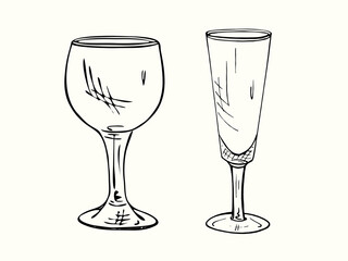 Red and white wine glass isolated, outline simple doodle drawing, gravure style, design element