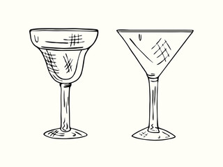 Margarita glass (welled) and cocktail glass (martini) isolated collection, outline simple doodle drawing, gravure style, design element