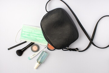 black bag of women during covid alcohol gel mercury mass cosmetics cheek brush, new normal